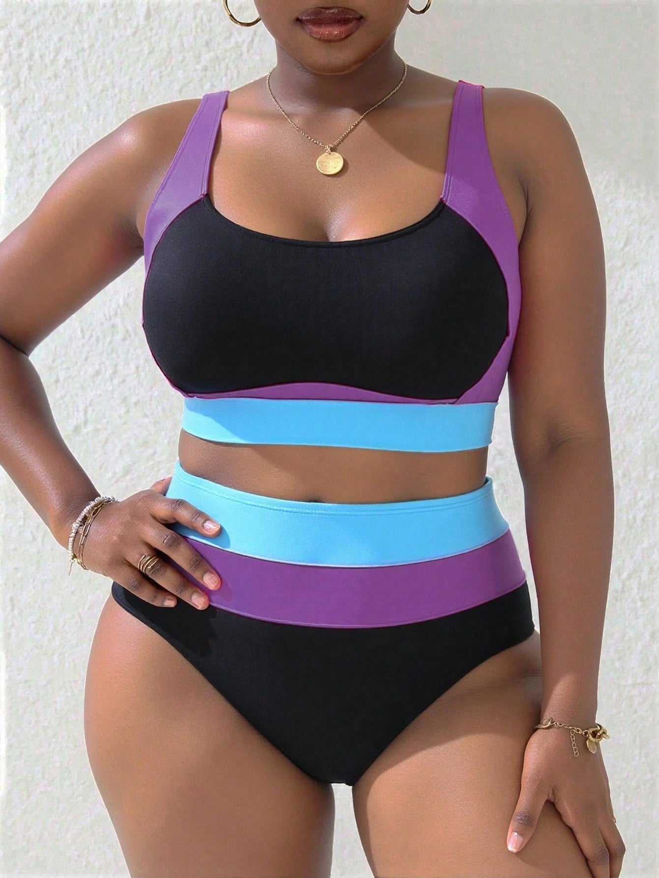 Slaydiva New Plus Size Women's Colorblock Bikini Set High Waist Triangle Swimwear Two Pieces Swimwear