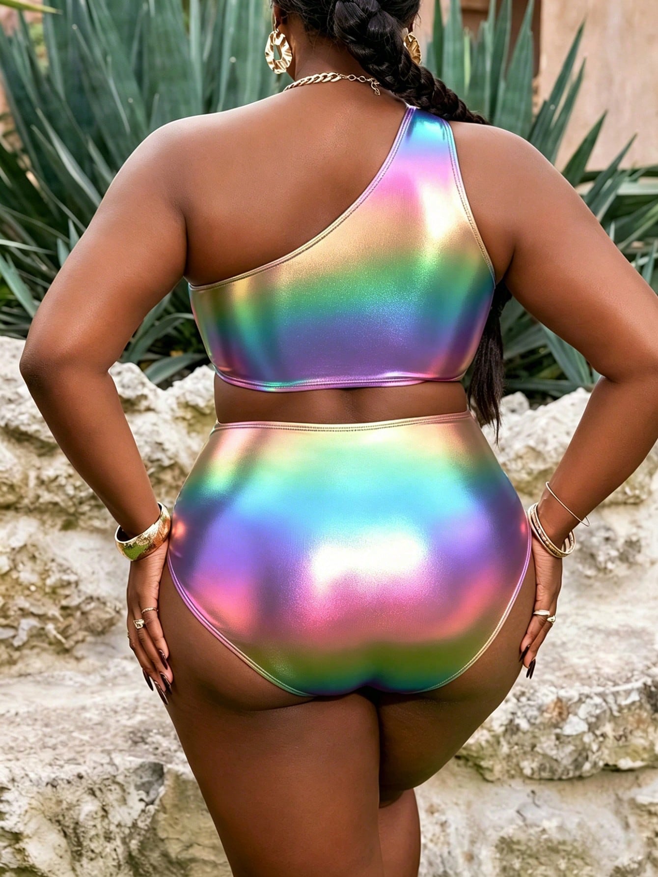 Slaydiva Plus Size 2-Piece Yellow Ruched Metallic Fabric Ruched One-Shoulder High Waist Vacation Style Bikini Swimwear For Women