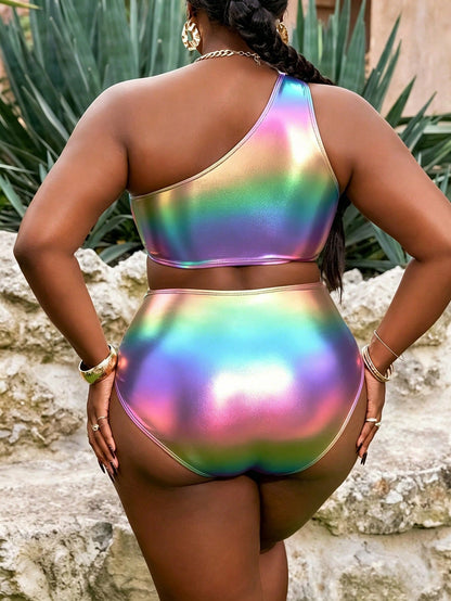 Slaydiva Plus Size 2-Piece Yellow Ruched Metallic Fabric Ruched One-Shoulder High Waist Vacation Style Bikini Swimwear For Women