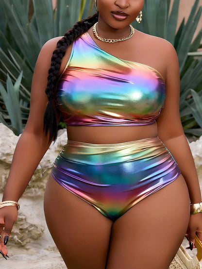 Slaydiva Plus Size 2-Piece Yellow Ruched Metallic Fabric Ruched One-Shoulder High Waist Vacation Style Bikini Swimwear For Women