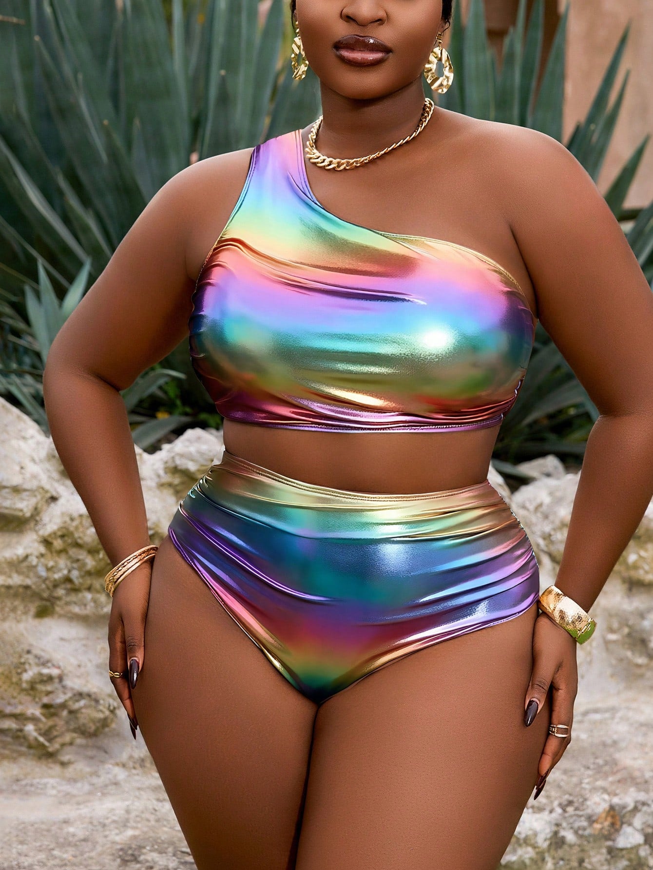 Slaydiva Plus Size 2-Piece Yellow Ruched Metallic Fabric Ruched One-Shoulder High Waist Vacation Style Bikini Swimwear For Women