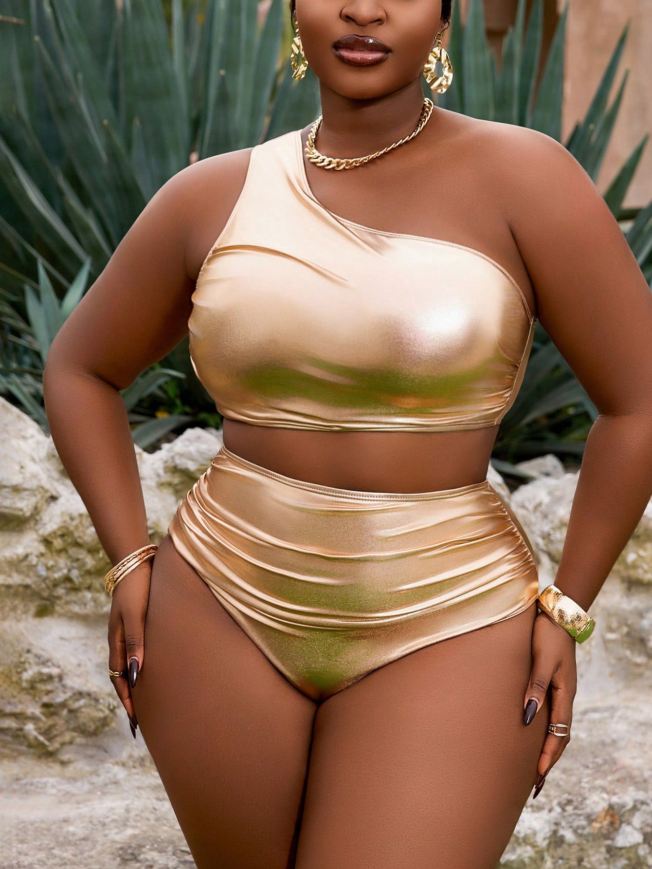 Slaydiva Plus Size 2-Piece Yellow Ruched Metallic Fabric Ruched One-Shoulder High Waist Vacation Style Bikini Swimwear For Women