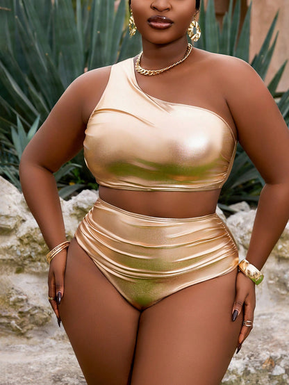 Slaydiva Plus Size 2-Piece Yellow Ruched Metallic Fabric Ruched One-Shoulder High Waist Vacation Style Bikini Swimwear For Women