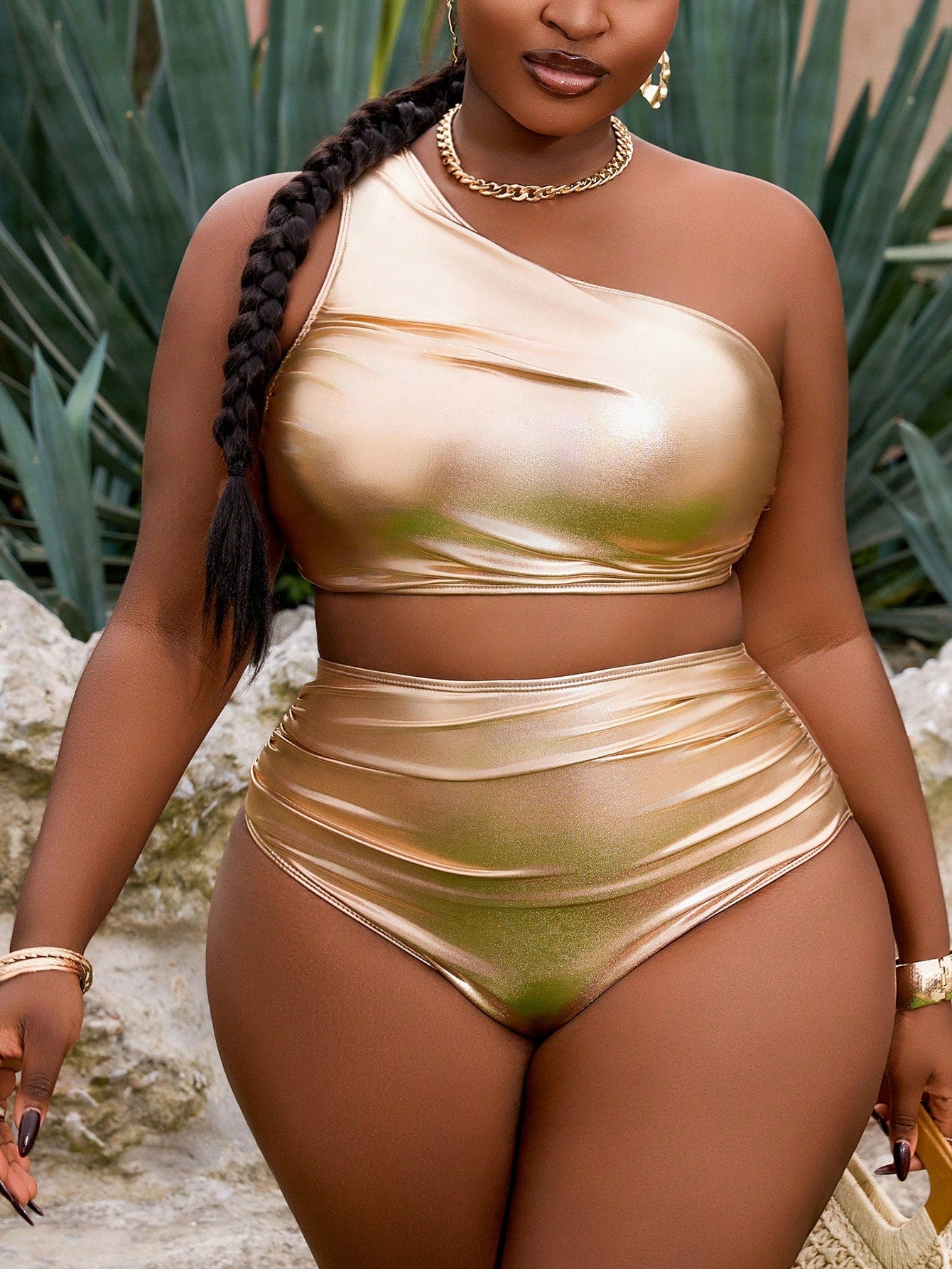 Slaydiva Plus Size 2-Piece Yellow Ruched Metallic Fabric Ruched One-Shoulder High Waist Vacation Style Bikini Swimwear For Women