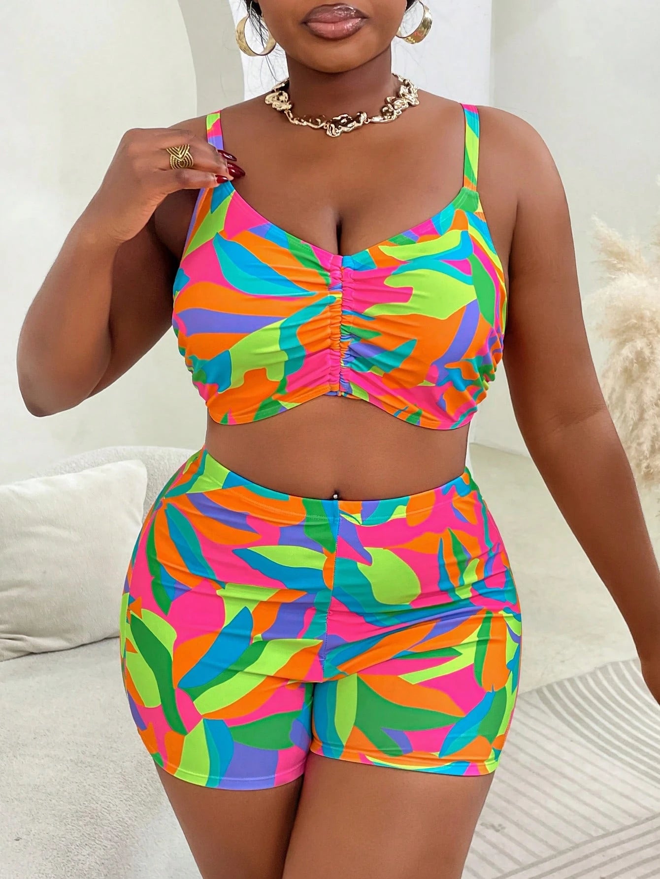 Slaydiva Plus Size 3pcs Swimwear Set: Swimwear, Cover-Up, Print Design, Casual Beachwear For Summer Holiday, Vacation