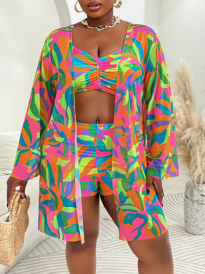 Slaydiva Plus Size 3pcs Swimwear Set: Swimwear, Cover-Up, Print Design, Casual Beachwear For Summer Holiday, Vacation