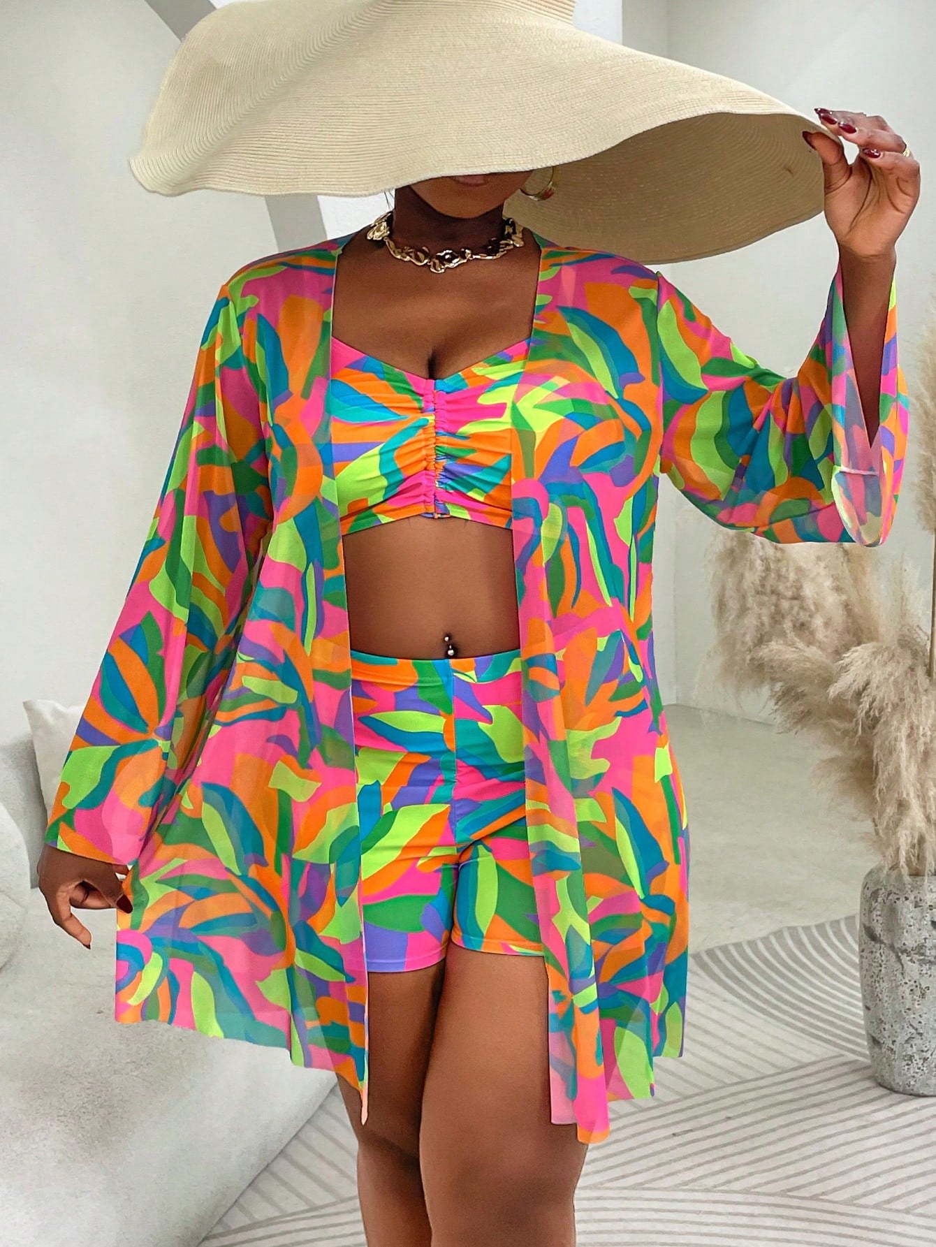 Slaydiva Plus Size 3pcs Swimwear Set: Swimwear, Cover-Up, Print Design, Casual Beachwear For Summer Holiday, Vacation