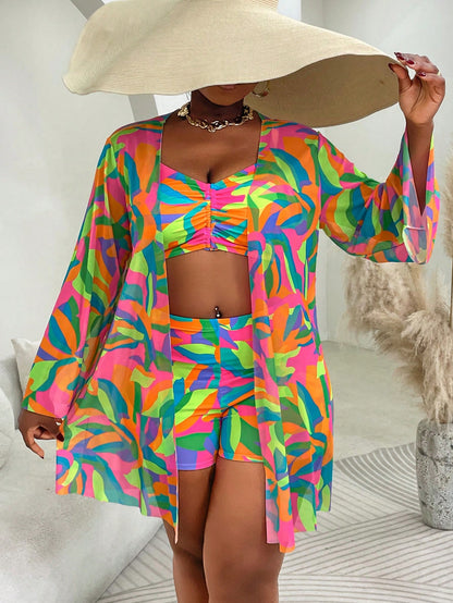 Slaydiva Plus Size 3pcs Swimwear Set: Swimwear, Cover-Up, Print Design, Casual Beachwear For Summer Holiday, Vacation