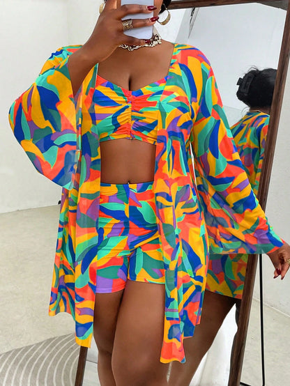 Slaydiva Plus Size 3pcs Swimwear Set: Swimwear, Cover-Up, Print Design, Casual Beachwear For Summer Holiday, Vacation