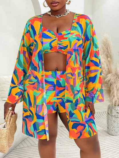 Slaydiva Plus Size 3pcs Swimwear Set: Swimwear, Cover-Up, Print Design, Casual Beachwear For Summer Holiday, Vacation
