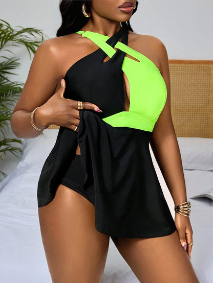 Slaydiva Plus Size Women 2-Piece Metallic Green Black Patchwork Bikini Swimwear,Summer Kawaii Beach High Waist Triangle Swimsuit With Adjustable Thick Strap