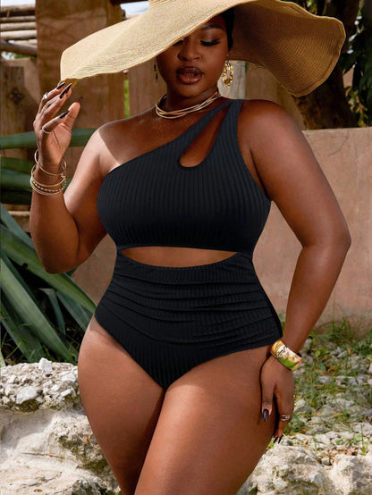 Slaydiva Plus Size Women's Black Ribbed One-Shoulder Hollow Split Pleated One-Piece Swimsuit, Casual Vacation For Summer