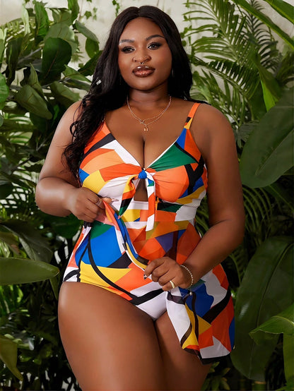 Slaydiva Plus Size Women's Color Block Ruched One-Piece Swimdress, Suitable For Summer Vacation & Beach