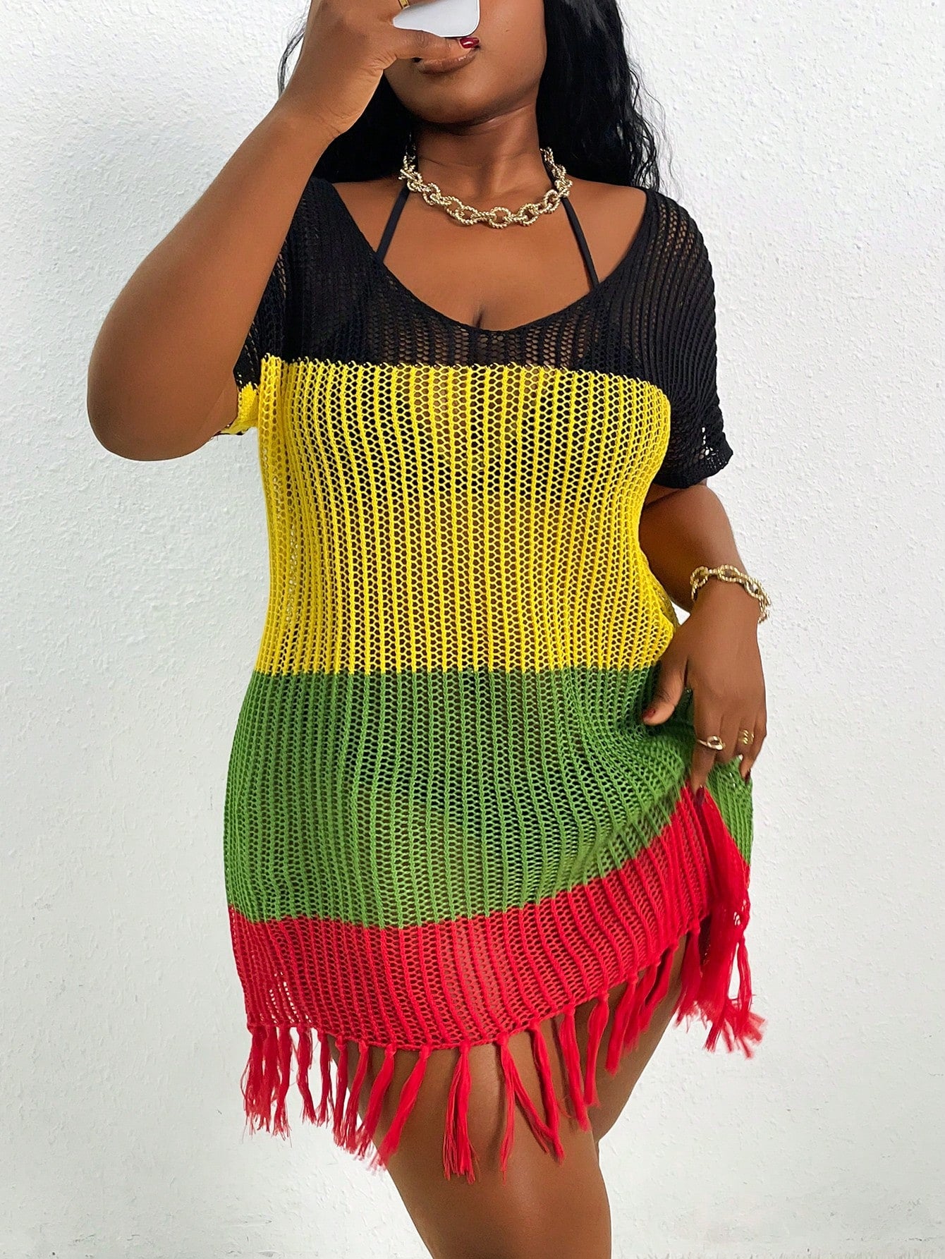 Slaydiva Plus Size Women's Loose Sexy Deep V-Neck Patchwork Tasseled Beach Cover Up Dress, Summer