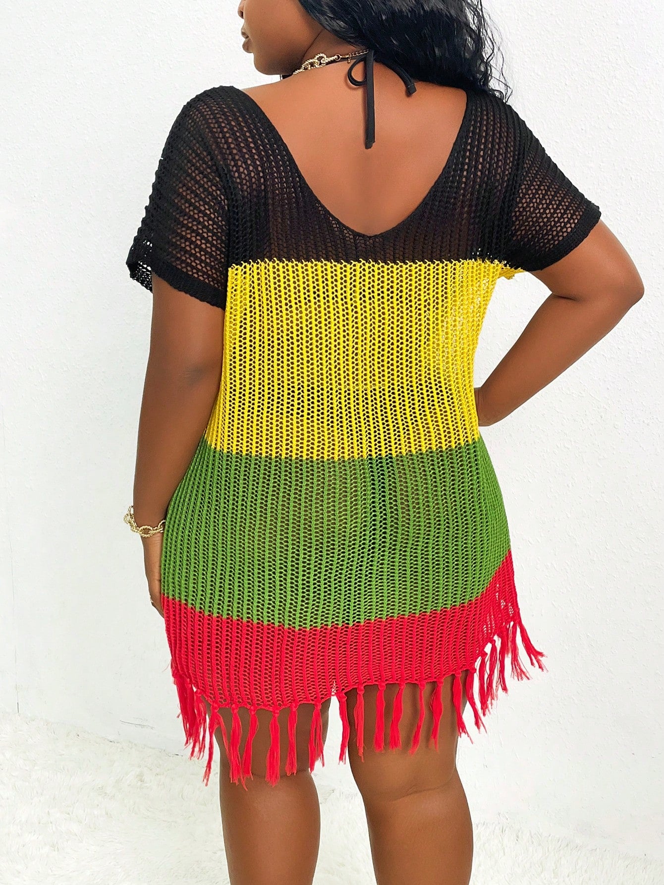 Slaydiva Plus Size Women's Loose Sexy Deep V-Neck Patchwork Tasseled Beach Cover Up Dress, Summer