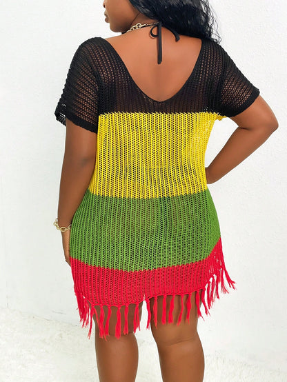 Slaydiva Plus Size Women's Loose Sexy Deep V-Neck Patchwork Tasseled Beach Cover Up Dress, Summer