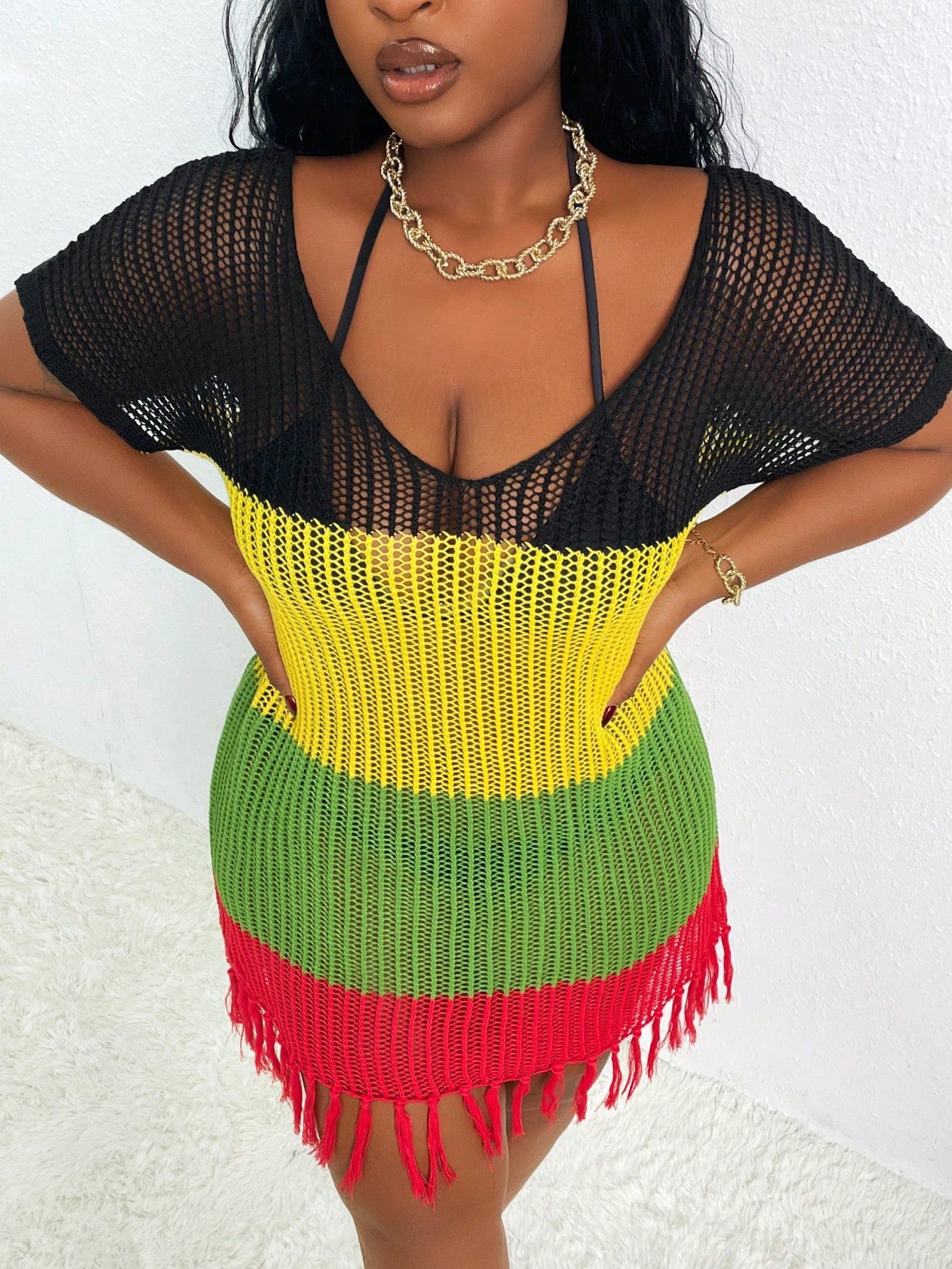 Slaydiva Plus Size Women's Loose Sexy Deep V-Neck Patchwork Tasseled Beach Cover Up Dress, Summer