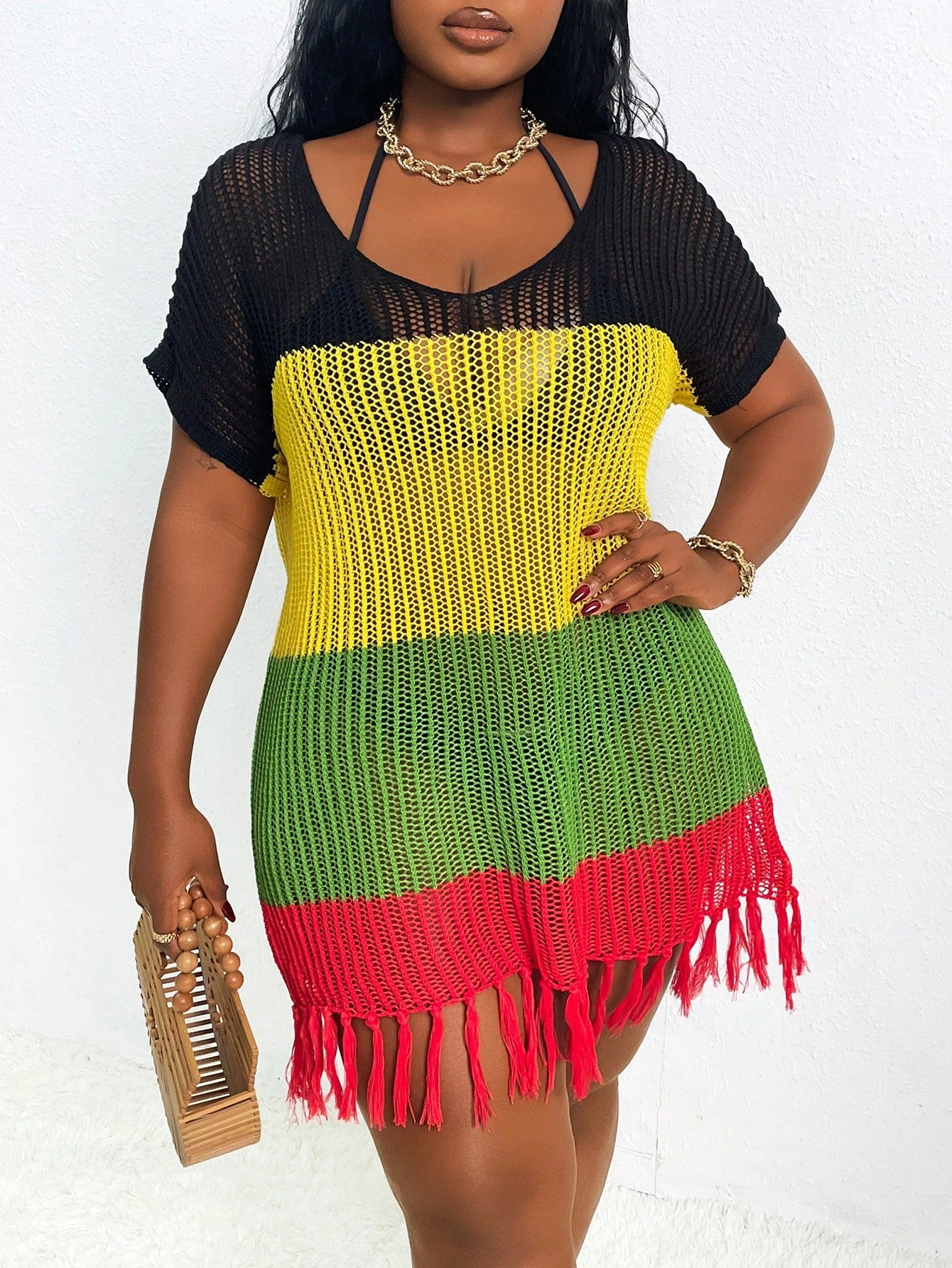 Slaydiva Plus Size Women's Loose Sexy Deep V-Neck Patchwork Tasseled Beach Cover Up Dress, Summer