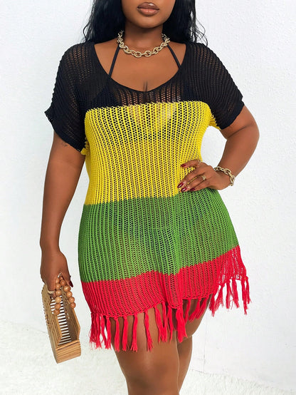 Slaydiva Plus Size Women's Loose Sexy Deep V-Neck Patchwork Tasseled Beach Cover Up Dress, Summer