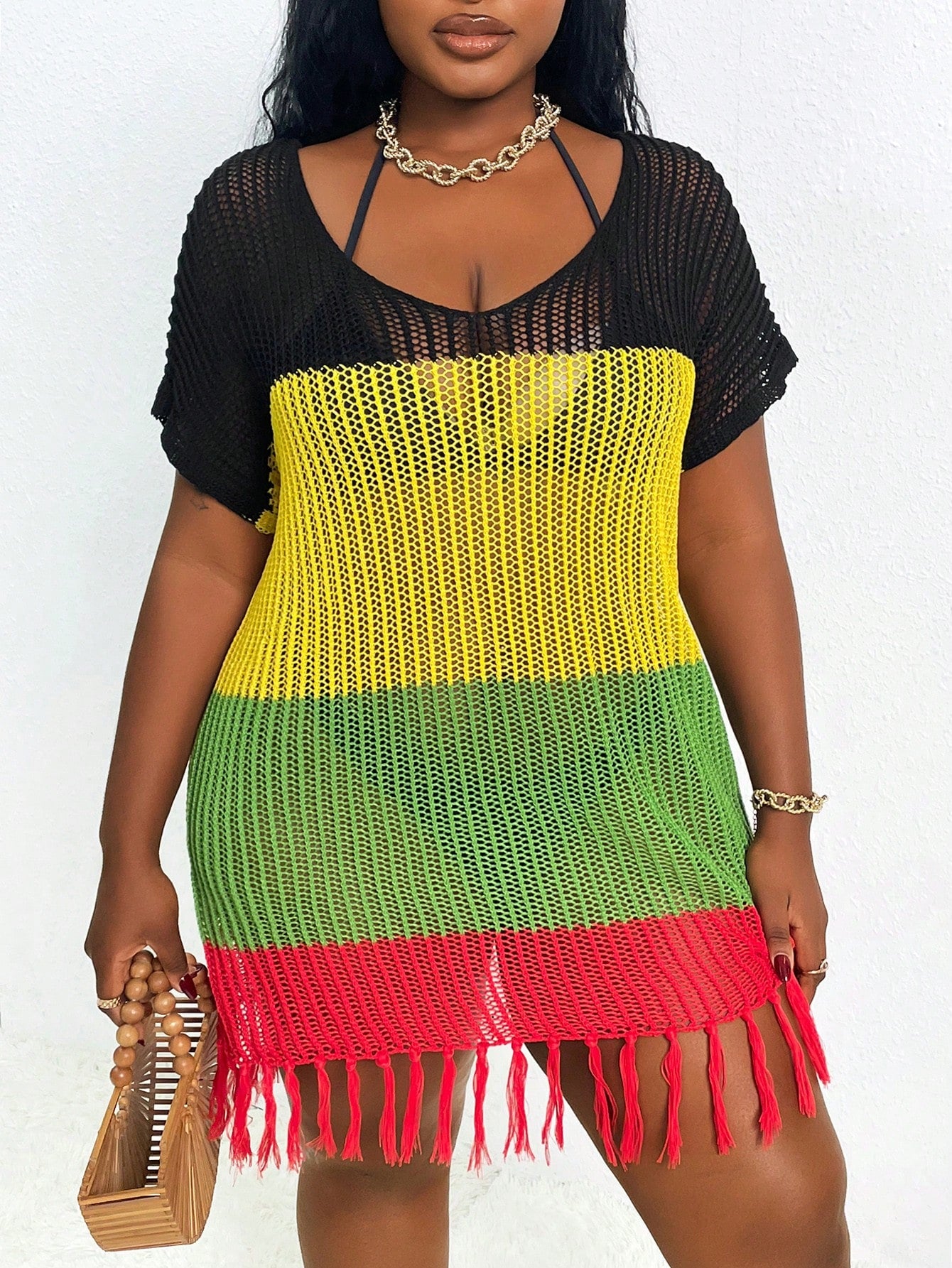 Slaydiva Plus Size Women's Loose Sexy Deep V-Neck Patchwork Tasseled Beach Cover Up Dress, Summer