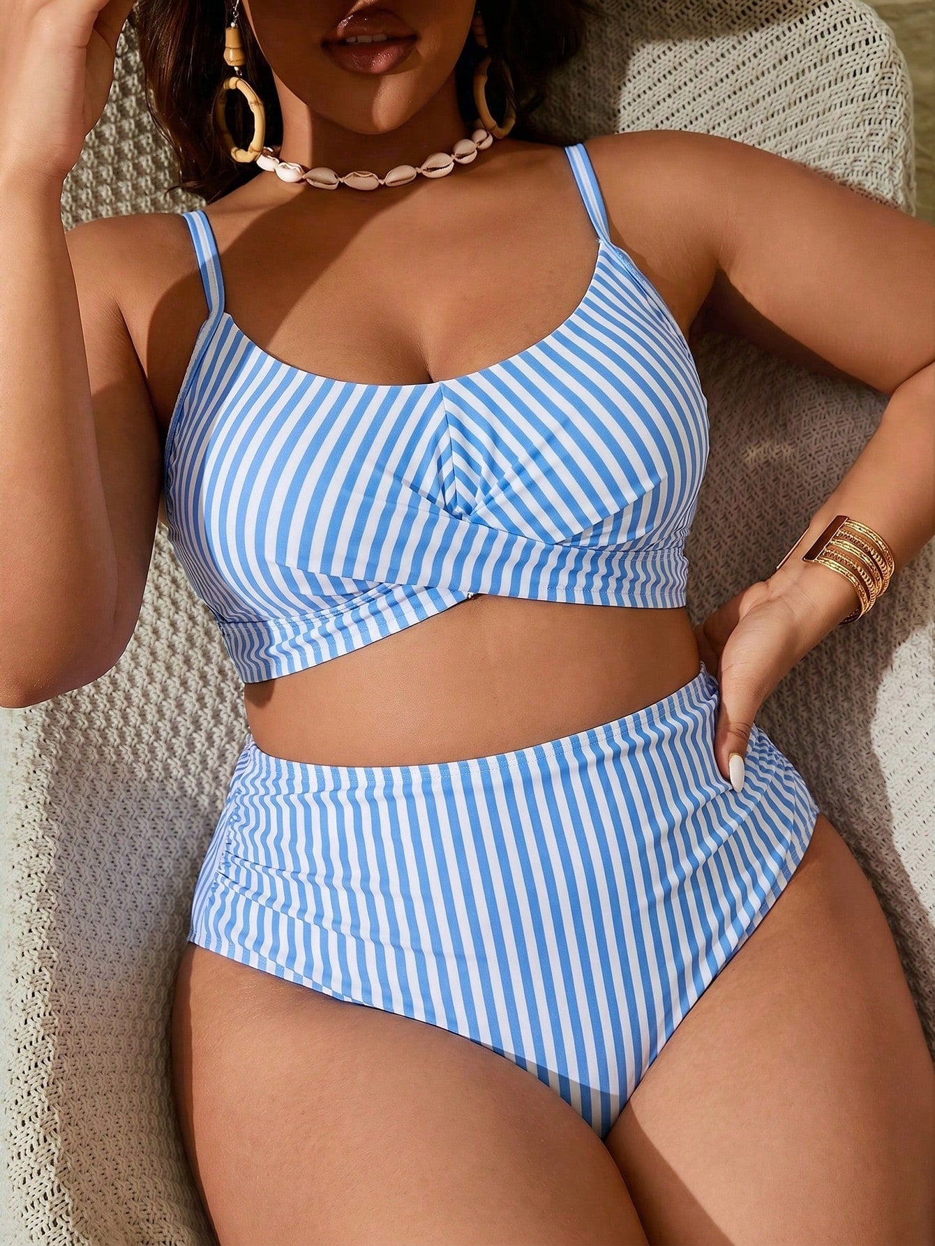 Slaydiva Plus Size Women's Summer Beach Striped Pleated Spaghetti Strap Bikini Top And Triangle Bottom Two-Piece Swimsuit Set