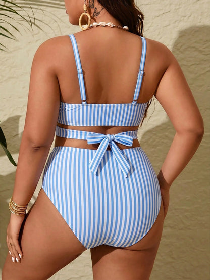 Slaydiva Plus Size Women's Summer Beach Striped Pleated Spaghetti Strap Bikini Top And Triangle Bottom Two-Piece Swimsuit Set