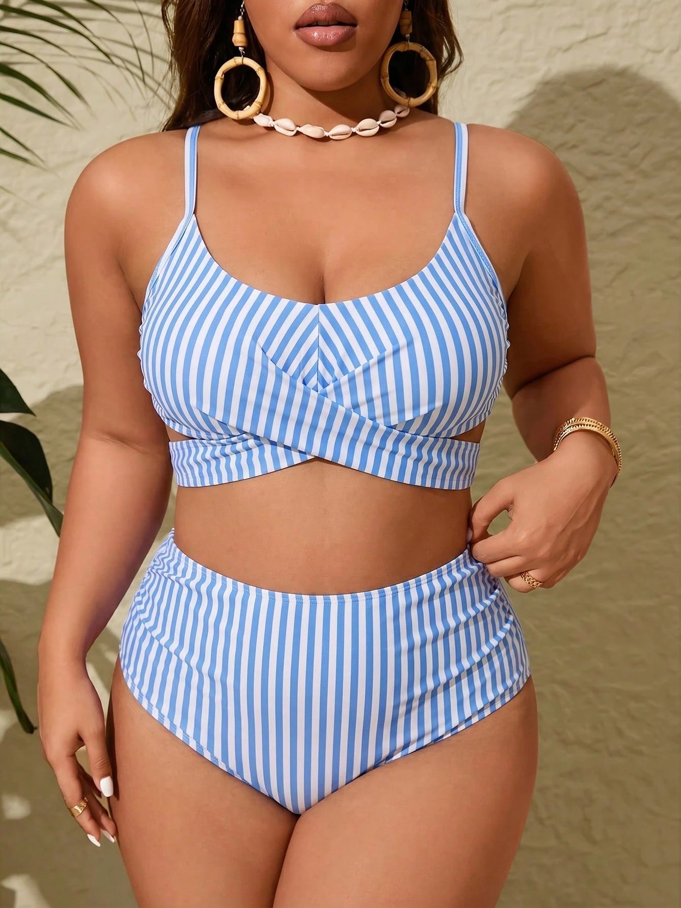 Slaydiva Plus Size Women's Summer Beach Striped Pleated Spaghetti Strap Bikini Top And Triangle Bottom Two-Piece Swimsuit Set