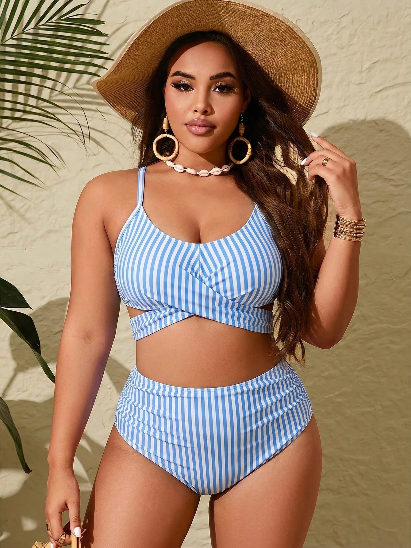Slaydiva Plus Size Women's Summer Beach Striped Pleated Spaghetti Strap Bikini Top And Triangle Bottom Two-Piece Swimsuit Set