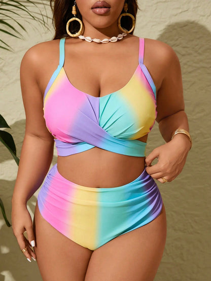 Slaydiva Plus Size Women's Summer Beach Striped Pleated Spaghetti Strap Bikini Top And Triangle Bottom Two-Piece Swimsuit Set