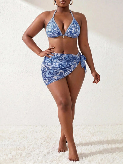 Slaydiva Plus Size Women's Summer Beach Vacation Random Print Bikini 3 Pieces Set White Sexy
