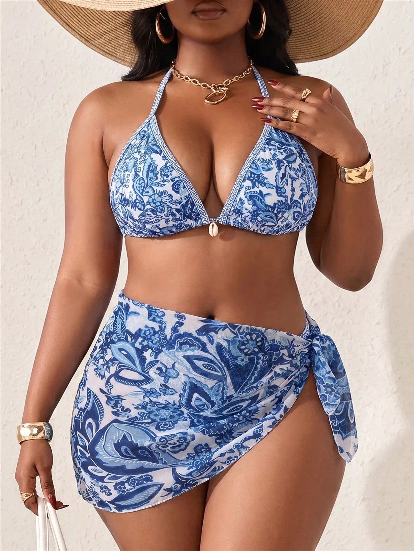 Slaydiva Plus Size Women's Summer Beach Vacation Random Print Bikini 3 Pieces Set White Sexy