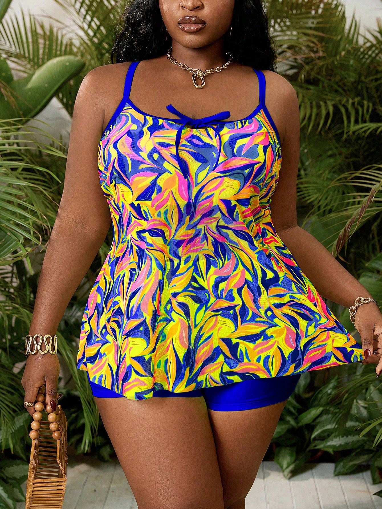 Slaydiva Plus Size Women's Vacation Spaghetti Strap Bikini 2-Piece Set, Random Floral Print, Summer Beach Swimwear