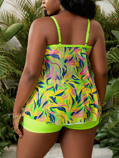 Slaydiva Plus Size Women's Vacation Spaghetti Strap Bikini 2-Piece Set, Random Floral Print, Summer Beach Swimwear
