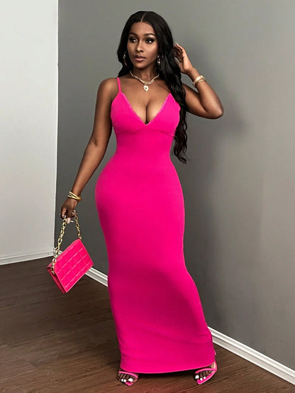 Slaydiva Sexy/Elegant Spaghetti Strap Bodycon Fuchsia Long Low-Cut Ruffle Trim Dress For Women