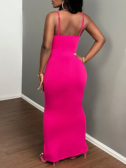 Slaydiva Sexy/Elegant Spaghetti Strap Bodycon Fuchsia Long Low-Cut Ruffle Trim Dress For Women