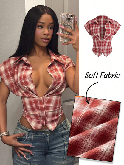 Slaydiva Spring/Summer New Plus-Size Women's Red And White Checke Top/Valentine's Day/Party Cocktail/Sexy Clubs/Sports/Vacations/Beach/Boho Style/Concert