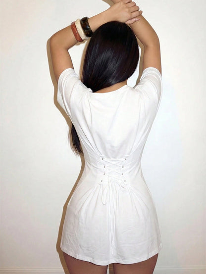Slaydiva White Chic Sexy Elegant Club Night Out Women Mini Dress,Summer One-Shoulder Slim Waist Eyelet Tie-Waist Tight Fit Outfits For Vacation,Beach,Brunch