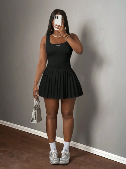 Slaydiva Women's Black Summer Casual Everyday Back-To-School U-Neck Knitted Mini Dress,Basic Racer Vest Pleated Skirt Culottes With Shorts Sun Dresses