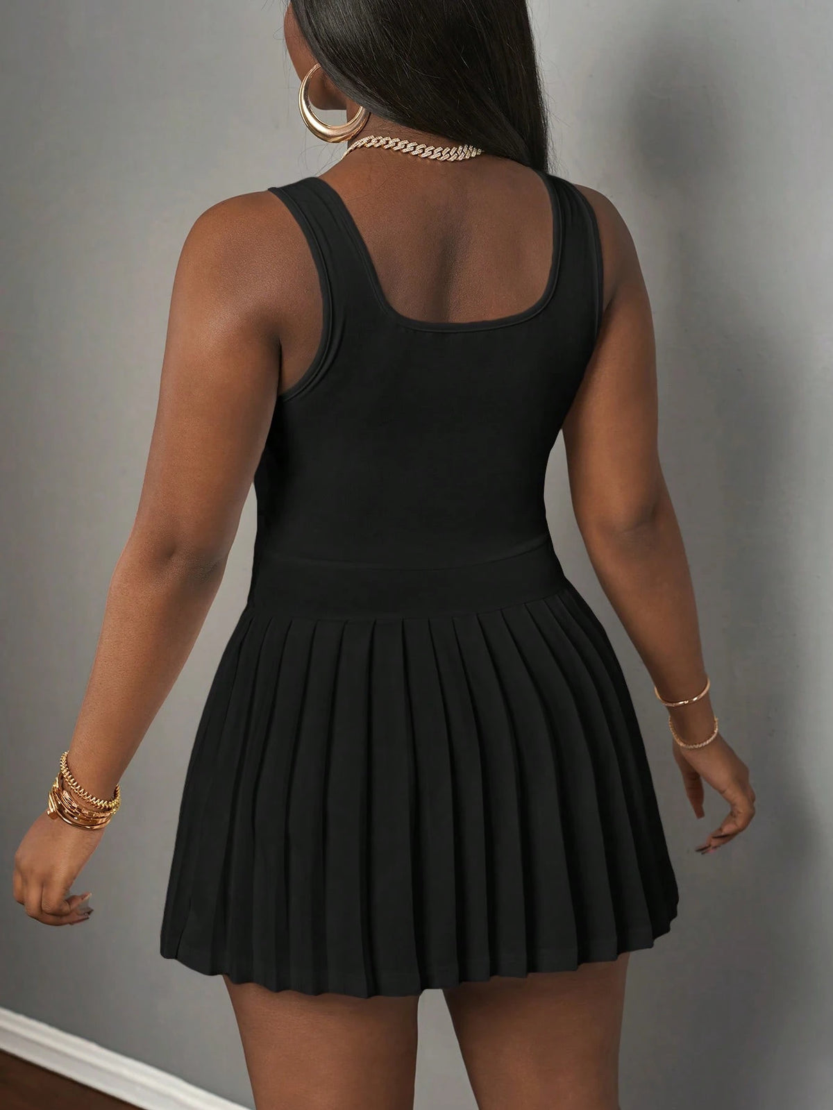 Slaydiva Women's Black Summer Casual Everyday Back-To-School U-Neck Knitted Mini Dress,Basic Racer Vest Pleated Skirt Culottes With Shorts Sun Dresses