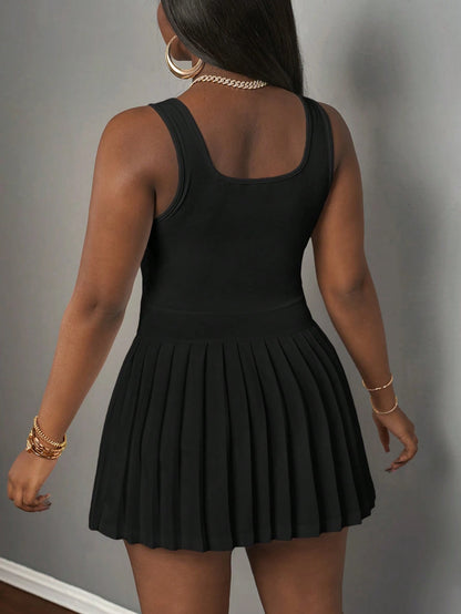 Slaydiva Women's Black Summer Casual Everyday Back-To-School U-Neck Knitted Mini Dress,Basic Racer Vest Pleated Skirt Culottes With Shorts Sun Dresses