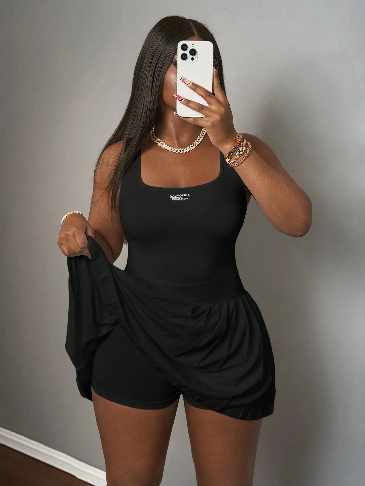 Slaydiva Women's Black Summer Casual Everyday Back-To-School U-Neck Knitted Mini Dress,Basic Racer Vest Pleated Skirt Culottes With Shorts Sun Dresses