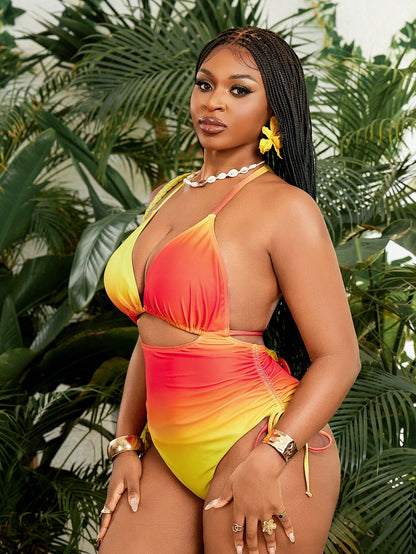 Slaydiva Women's Plus Size Ombre Sunset One Piece Swimsuit,Halter Backless Deep V Cut Out Bathing Suit,Drawstring Beach Vacation Holiday Summer Butter Yellow