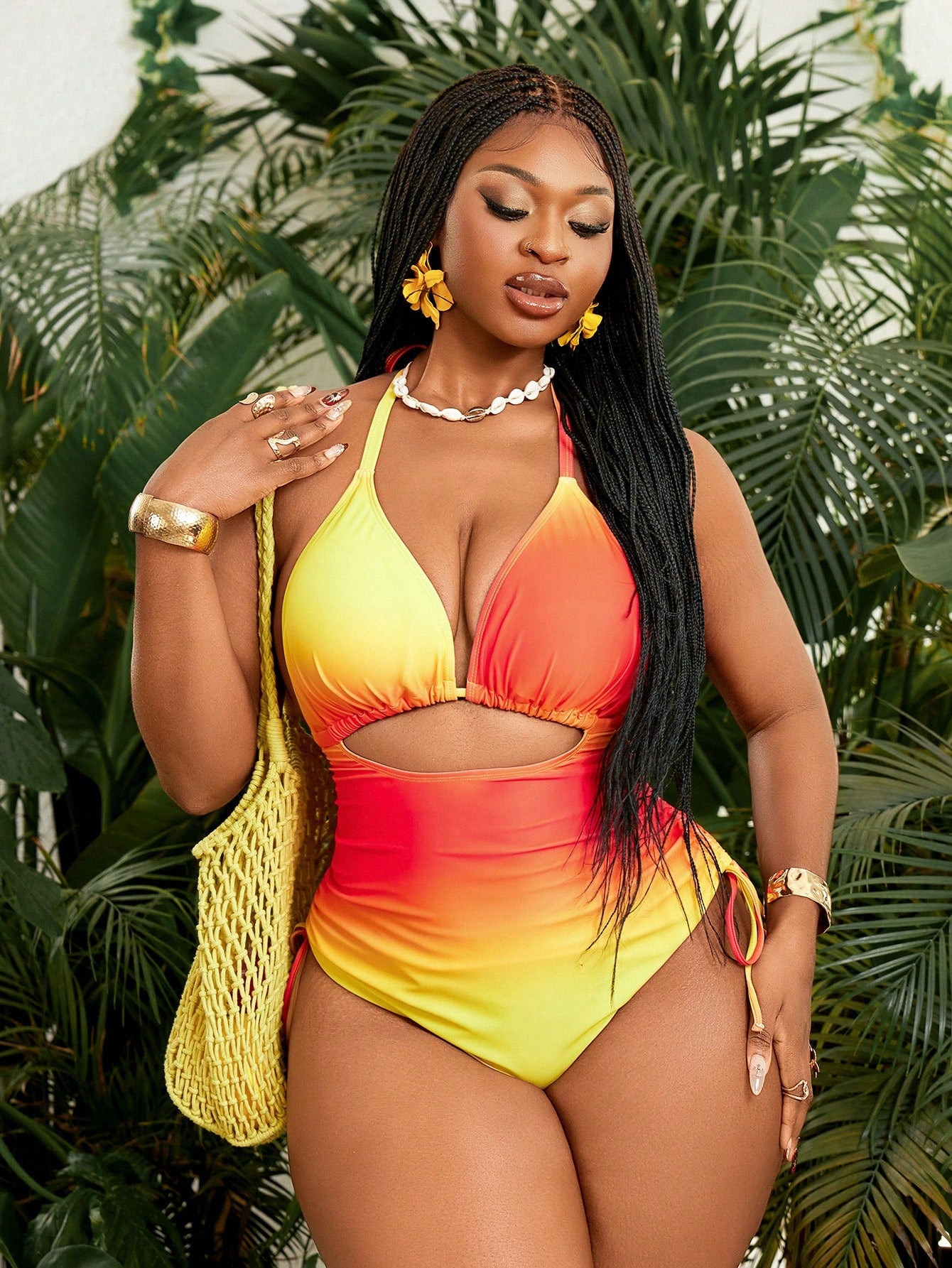 Slaydiva Women's Plus Size Ombre Sunset One Piece Swimsuit,Halter Backless Deep V Cut Out Bathing Suit,Drawstring Beach Vacation Holiday Summer Butter Yellow