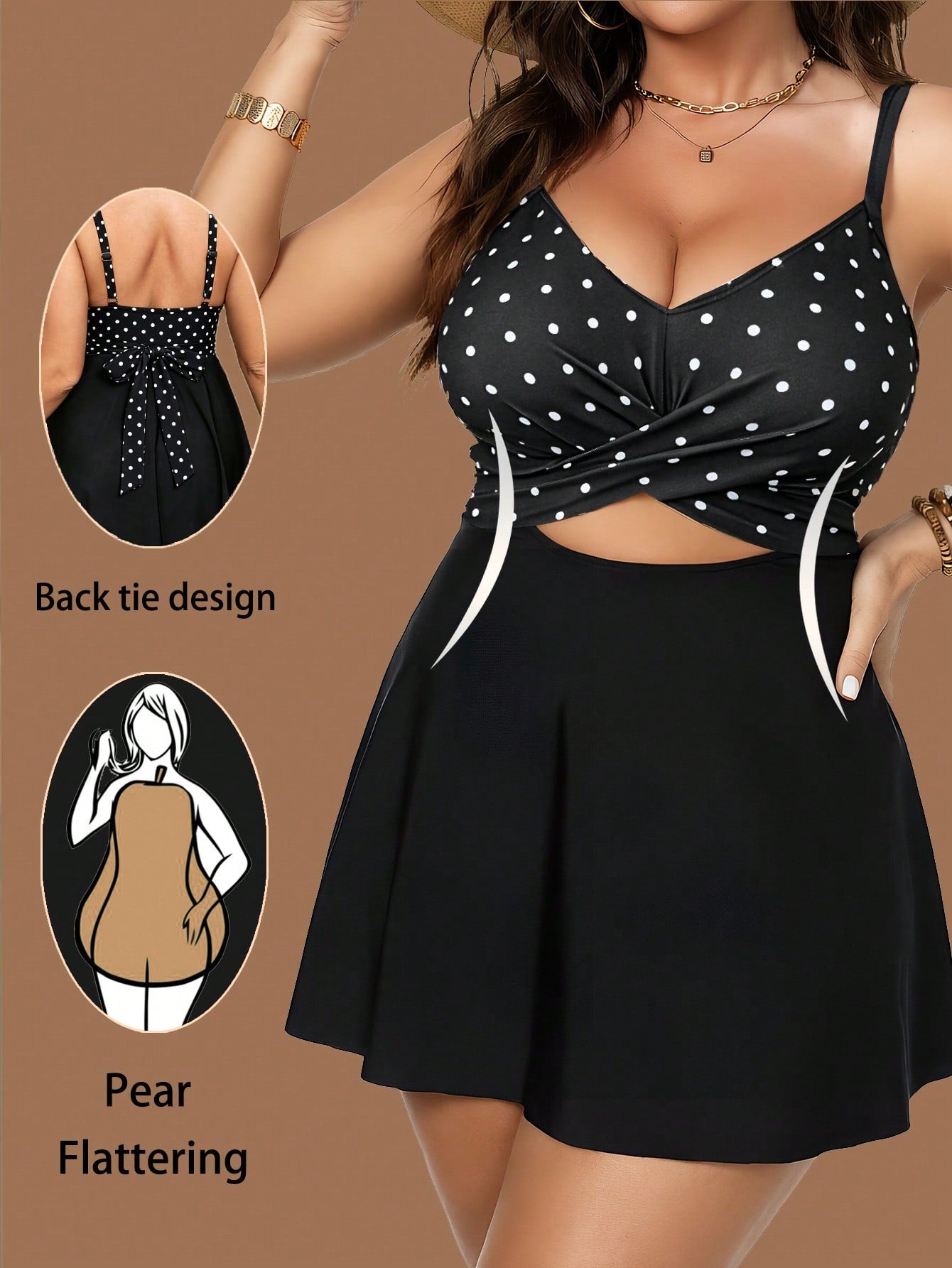 Slaydiva Women's Plus Size Polka Dot Print Patchwork Swim Dress