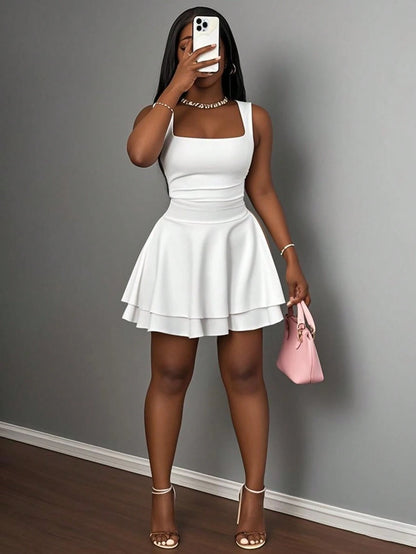 Slaydiva Women's Summer Casual Basic Sports Sweet Square Neck Ruched Double Layer Flared Short Dress,Bodycon Dress