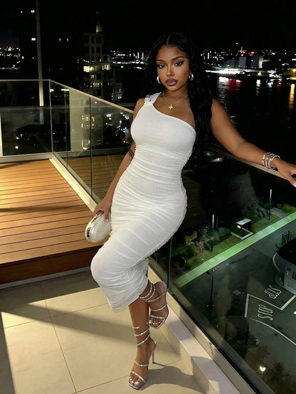 Slaydiva Women's White Elegant Sexy Seductive Party Night Out Summer Dress,Backless Side-Pleated Body-Hugging Mid-Length Dress,One Shoulder Wedding Season