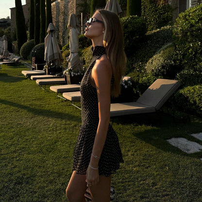 Sleeveless High Neck Polka Dot Mini Dress, Ruffle Hem, A-Line Silhouette Elegant Summer Party Black
