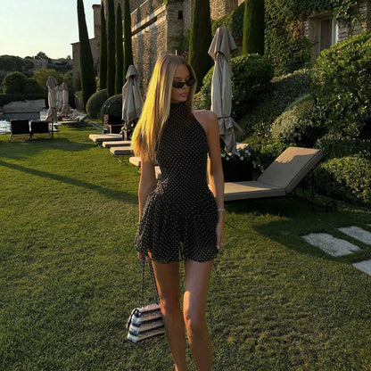 Sleeveless High Neck Polka Dot Mini Dress, Ruffle Hem, A-Line Silhouette Elegant Summer Party Black