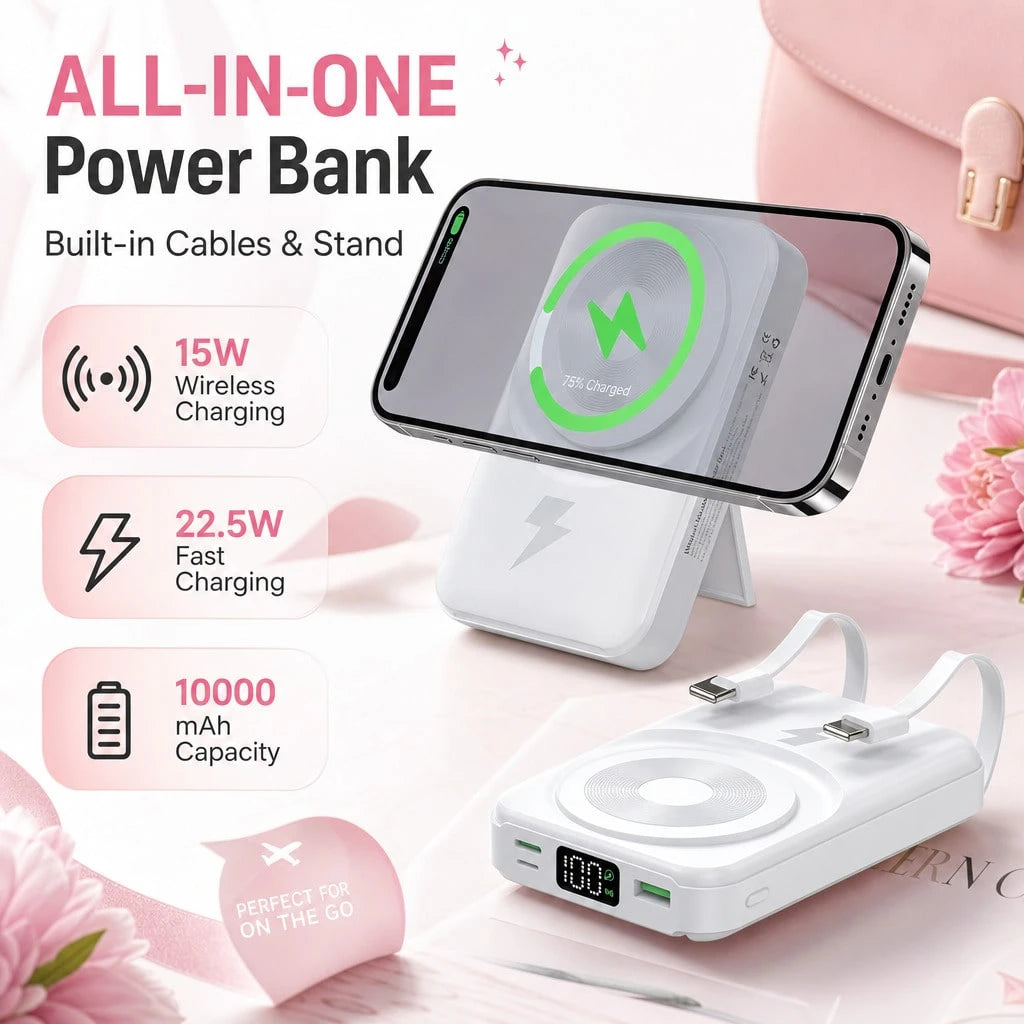 Slim White 10000mAh Magnetic Charger With 15W Wireless And 22.5W Wired Fast Charging, Featuring An LED Power Readout, Slim White Shell And Rear Stand For Hands-Free Viewing, Designed For IPhone 16 Thr