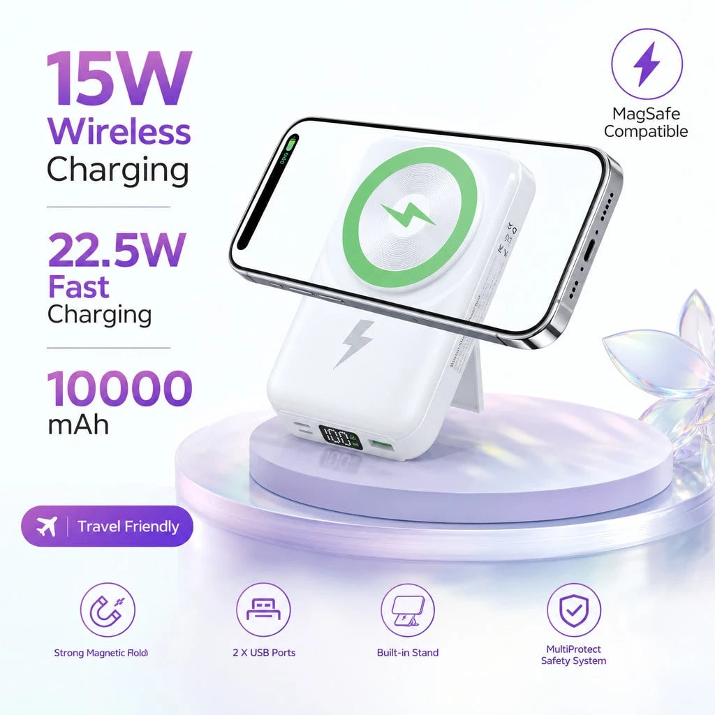 Slim White 10000mAh Magnetic Charger With 15W Wireless And 22.5W Wired Fast Charging, Featuring An LED Power Readout, Slim White Shell And Rear Stand For Hands-Free Viewing, Compatible With Selected